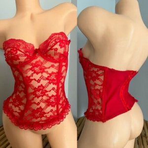 Vintage 90s Undercover Wear Red Floral Lace Bustier Small 36B